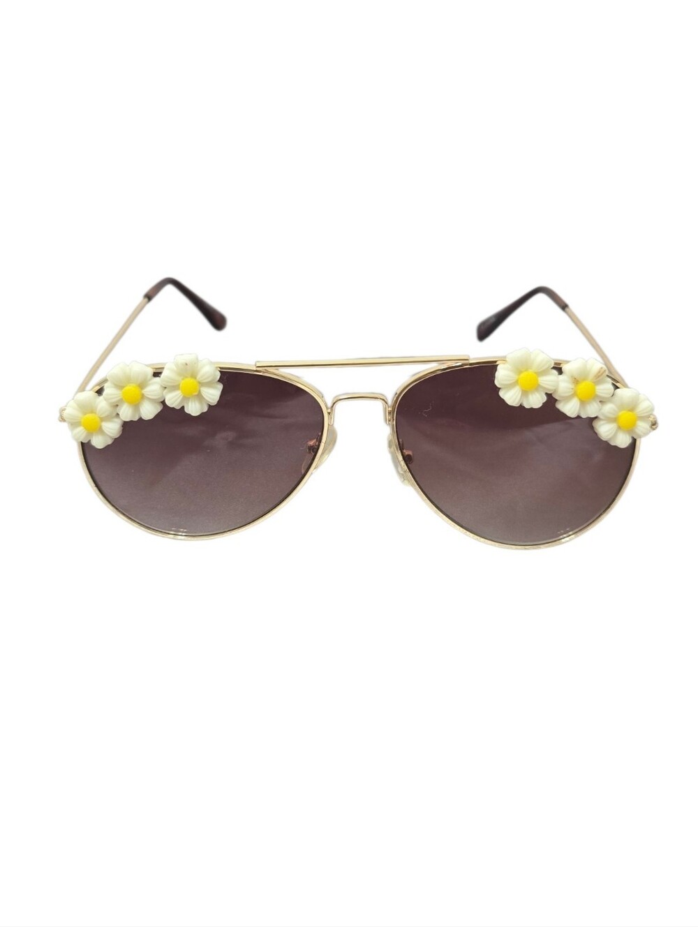 Gold Aviator Sunglasses with Daisy Embellishments - Brown Lenses